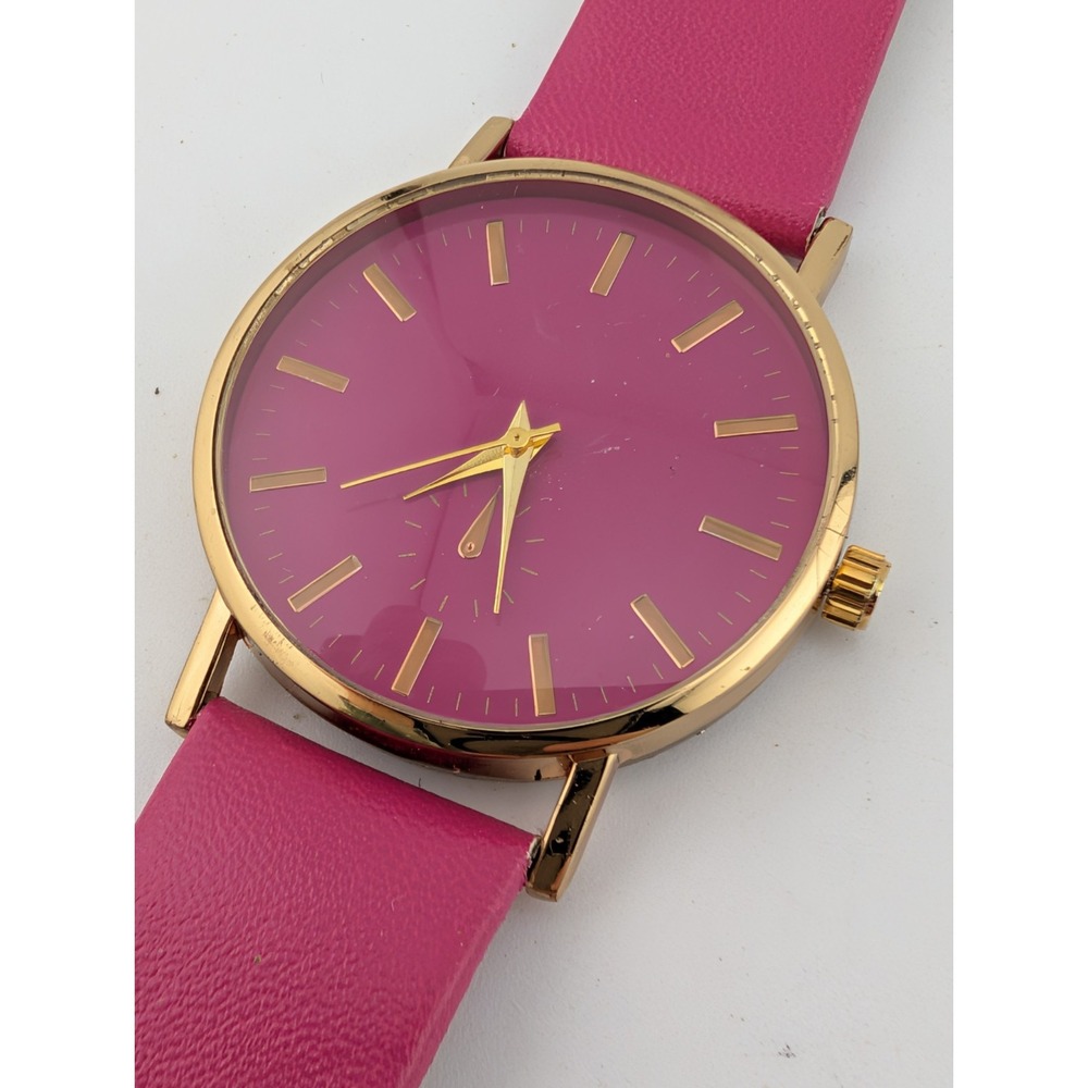 MSPCI Watch Women 37mm Gold Case Pink Faux Leather Band- New Battery